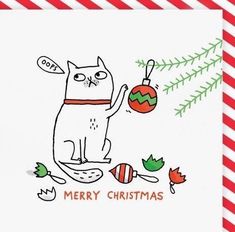 a christmas card with a cat holding a bauby ornament