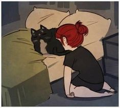 a woman sitting in bed next to a cat on top of a pillow with her head down