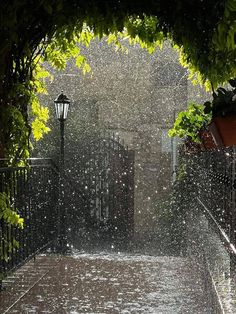 an open gate with rain falling on it