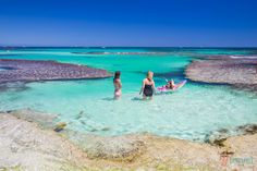 two people standing in shallow water with surfboards