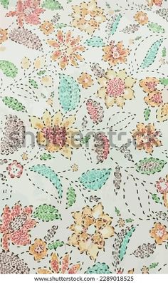 an abstract floral pattern with many colors and patterns on white fabric, suitable for wallpaper or