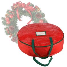 a red bag with a wreath on it