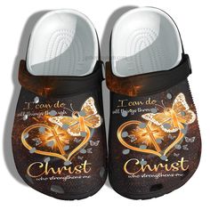 a pair of black and gold shoes with butterflies on the soles that say, i can do all things through christ