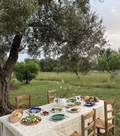 the table is set for two outside under an olive tree