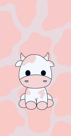 a cartoon cow sitting in front of a pink background with white spots on it's face