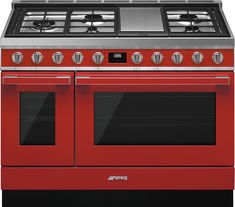 a red stove top oven with two burners and one door on the front side