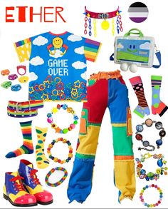 In Control Clothing, Internet Core Outfits, Childish Style Outfit, Overalls Outfit Colorful, Toycore Fashion, Muppetcore Outfits, Dream Core Clothes, Dreamcore Accessories