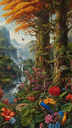 an oil painting of flowers and birds in the forest by a waterfall with mountains behind it