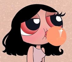 a cartoon girl blowing bubbles with her eyes wide open and black hair, wearing a pink dress