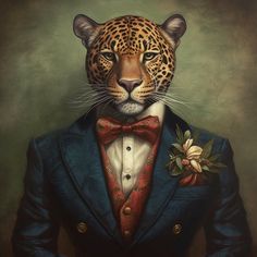 a painting of a leopard wearing a suit and bow tie