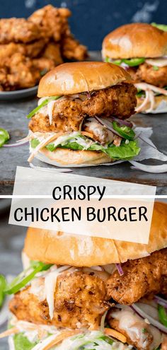 crispy chicken burgers stacked on top of each other