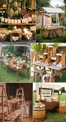 an outdoor wedding with food and desserts on the table, in front of a wooden wagon