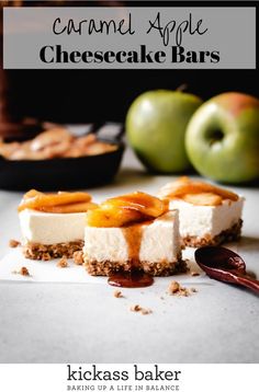 caramel apple cheesecake bars with apples in the background and text overlay that says caramel apple cheesecake bars