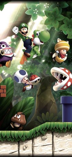 mario and luigi in the forest with other characters on it's back wallpaper