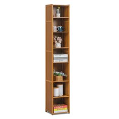 a tall wooden bookcase with four shelves