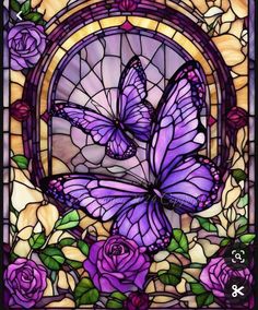 a stained glass window with purple roses and butterflies