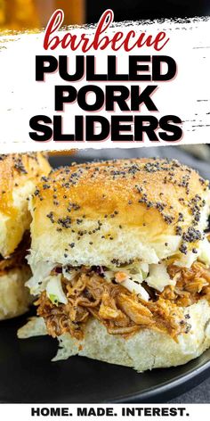 pulled pork sliders on a black plate with text overlay