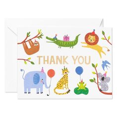 a thank card with animals and balloons on it