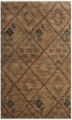 an area rug with brown and blue designs on the side, including squares and diamonds