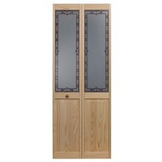 a wooden door with two glass panels on the front and side doors in light wood