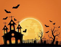 a halloween scene with bats flying over the house