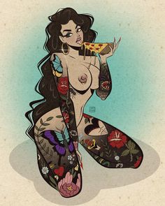 a drawing of a woman with tattoos holding a slice of pizza in one hand and her leg on the other