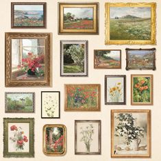 a wall with many different paintings on it