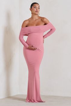 Pretty Perfect Blush Pink Maternity Ruched Mesh Bardot Maxi Dress – fashionmomo Pink Baby Shower Dress, Pink Maternity Dress, Beautiful Maternity Dresses, Bardot Neckline, Fishtail Skirt, Baby Shower Dresses, Short Hair Styles For Round Faces, Skirt Maxi, Christmas Party Dress