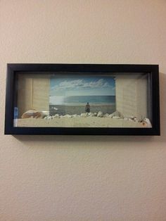 a man standing on the beach looking out at the ocean in a framed photo frame