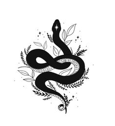 a black and white drawing of a snake with leaves on it's head, surrounded by stars