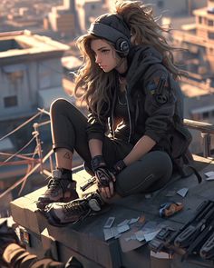 a woman sitting on top of a roof with headphones