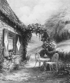 a black and white photo of an outside dining area with chairs, table and window