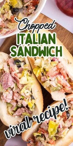 two italian sandwiches are shown with the words chopped italian sandwhich on them