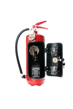 a red fire extinguisher with two glasses in it and an empty case