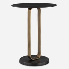 a black and gold side table with an oval top on a metal base, viewed from the front