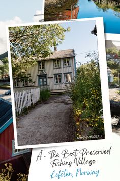 a collage of photos with a house and water in the background