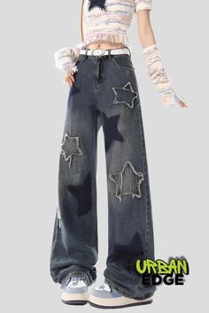 The wide-leg cut denim pants are high-waisted, designed with stars to add a pop of vibrant energy.

The stars have two contrasting designs, the star patchwork and the plain pattern stars.

Adds a touch of rugged sophistication
Stellar Jeans
US women's size
Fits true to size Star Jeans Y2k, Star Trousers, Dr Mundo, Raw Edge Jeans, Long Pants Fashion, Womens Denim Overalls, Hand Shadows, Stella Jeans, Chic Streetwear