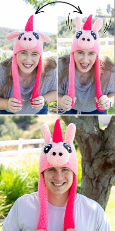 a woman wearing a pink knitted hat with ears