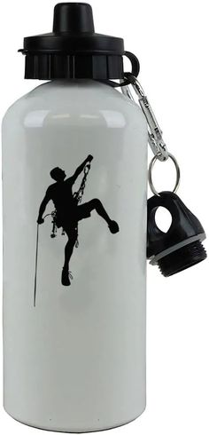 a white water bottle with a black silhouette of a climber holding a rope and climbing gear