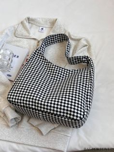 Black School Bag For Fall, Casual Houndstooth Travel Bag, Black Houndstooth Pattern Bag For Everyday Use, Black Houndstooth Bag For Everyday Use, Houndstooth Shoulder Bag For Everyday Use, Black Houndstooth Shoulder Bag For Travel, Rectangular Houndstooth Bag For Daily Use, Gingham Tote Bag For School, Rectangular Houndstooth Shoulder Bag For Daily Use