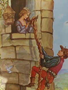 a painting of a boy climbing up a wall with a birdcage in the background