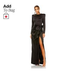 in stock Long Sleeve Black Gown, Pointed Shoulder, Draped Gown, Drape Gowns, Mac Duggal Dresses, Long Sleeve Dress Formal, Satin Long Sleeve, Mac Duggal, Black Gown