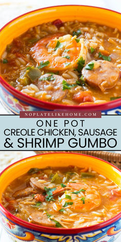 This One Pot Creole Chicken, Sausage, and Shrimp Gumbo is a cozy dinner recipe full of flavor! It has chicken, shrimp, apple sausage, rice, and vegetables. Add this recipe to your easy Fall comfort food! Chicken Sausage And Shrimp Gumbo Easy Recipes, Gumbo Recipe Chicken Sausage Shrimp, Shrimp And Sausage Soup, Shrimp And Sausage Gumbo Recipe Easy, Shrimp Gumbo Soup, Chicken Sausage Shrimp Gumbo, Shrimp And Chicken Gumbo Recipe, Shrimp Chicken Sausage Gumbo, Shrimp Gumbo Recipe Authentic