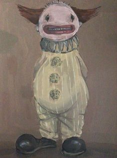 a painting of a weird looking creature with big eyes and mouth wide open, standing in front of a brown background