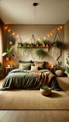 a bedroom with plants and lights on the wall