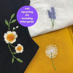 three different colored shirts with embroidered flowers on them