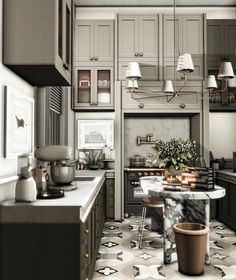 the kitchen is decorated in gray and white