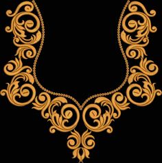 a gold necklace on a black background with an ornate design in the center and sides