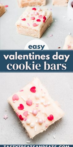 easy valentine's day cookie bars with white frosting and sprinkles