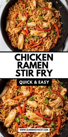 chicken ramen stir fry in a skillet